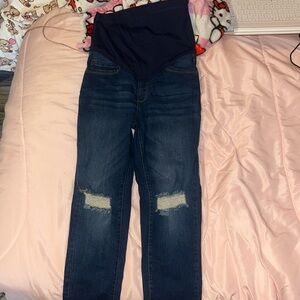Never worn pink blush maternity jeans , blue, ripped on knees